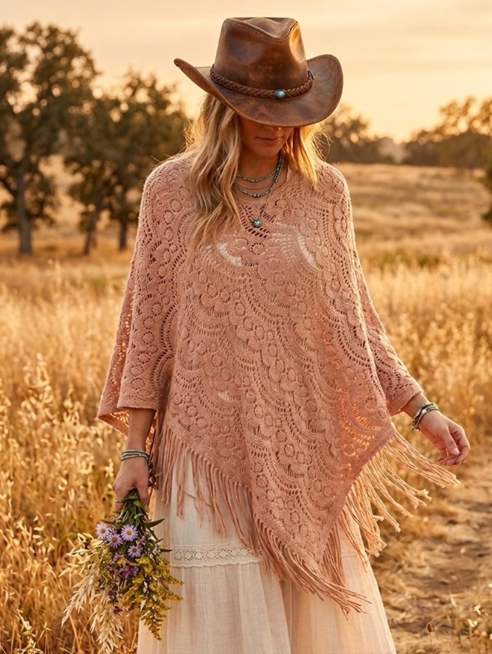 NWT Crochet Fringe Poncho Sweater Blush Pink Boho One Size